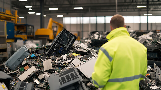 An individual in a reflective safety vest stands before a mountain of discarded computer parts in a warehouse, as heavy machinery processes the waste in the background.