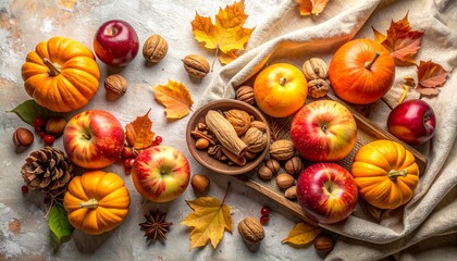 Fototapeta premium Top-view natural composition of fresh autumn fruits and nuts