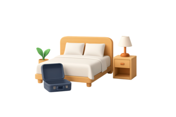 A 3D rendered illustration on an isolated background depicts a simplified, stylized bedroom scene, likely representing a hotel room or temporary accommodation.