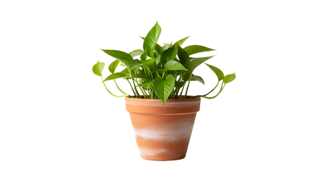 A vibrant green potted plant with trailing vines sits in a rustic terracotta pot against a stark black background