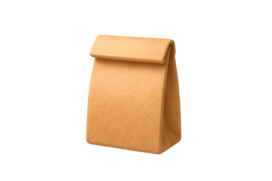 A highly detailed, three-dimensional digital rendering of a brown paper lunch bag stands upright against an isolated, transparent background.