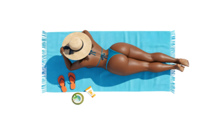 A high-angle, full-body shot shows a black woman lying face down on a bright turquoise beach towel with white fringe, set against a transparent background.