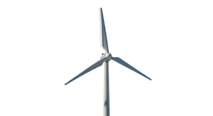 A three-quarter shot of a single wind turbine against a transparent background. The wind turbine occupies the center portion of the frame.