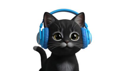 3D model, cartoonish black kitten wearing bright blue over-ear headphones. The kitten has large, expressive, glossy brown eyes and a small, dark nose.