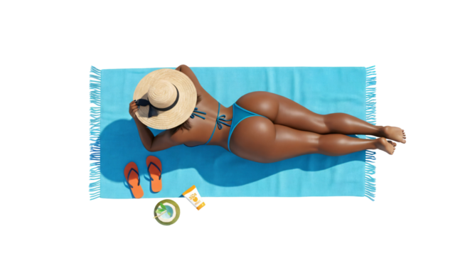 A high-angle, full-body shot shows a black woman lying face down on a bright turquoise beach towel with white fringe, set against a transparent background.