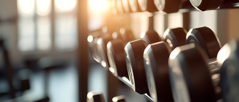 Row of dumbbells on a rack in a gym, ready for a workout. The warm sunlight and shallow depth of field create a focused, inviting fitness atmosphere. Ready to lift!