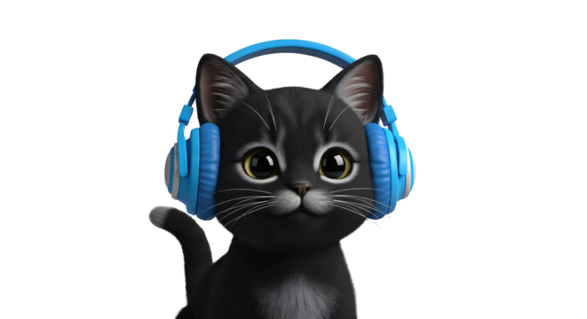 3D model, cartoonish black kitten wearing bright blue over-ear headphones. The kitten has large, expressive, glossy brown eyes and a small, dark nose. - Powered by Adobe