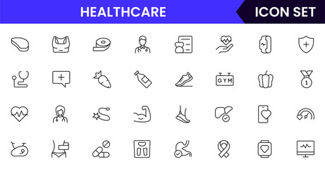 Healthcare vector web line icon collection, sleek illustrations of wearables, heart monitors, fitness apps for wellness-focused designs.