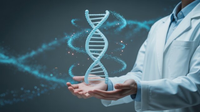 The Essence of Life: A scientist holds a glowing DNA strand in their hands, embodying the miracle of life and the wonders of scientific advancement.
