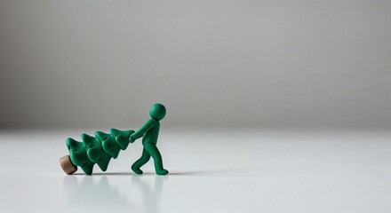 Green clay man dragging a handmade fir tree for holiday preparation visual
