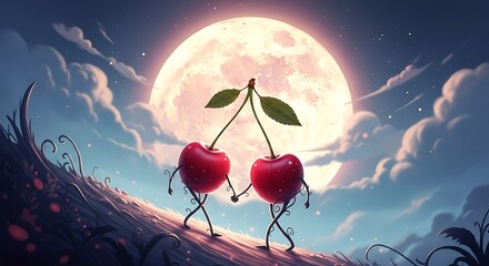 Two Cherries Holding Hands Under a Full Moon