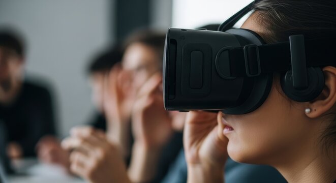 Asian female experiencing virtual reality in a group setting with diverse young adults