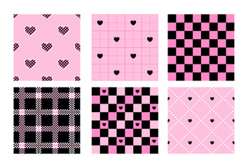 Set of cute seamless patterns with hearts. Vector background. Texture for print, textile, fabric.