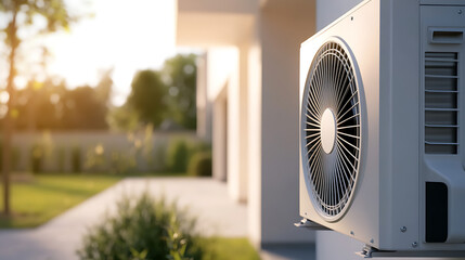 An outdoor air conditioning unit attached to a modern, bright white home. The backdrop features a manicured lawn and trees, under the soft glow of the setting sun.