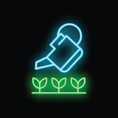 Glowing neon sign of a watering can pouring water on young plants
