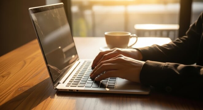 Hands typing on laptop in sunlit cafe with coffee cup - Powered by Adobe