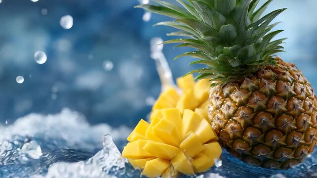 Whole pineapple and sliced mango hitting water surface, dynamic splash with droplets scattering, tropical bright background