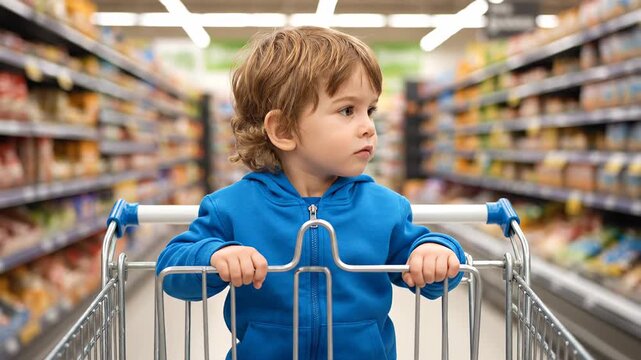 Cute little boy with a determined look sitting in a shopping cart. The camera smoothly moves down the grocery store aisle