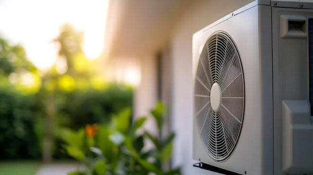 Exterior shot highlighting a home's heat pump, a system for maintaining consistent indoor comfort. This system efficiently manages temperature levels.