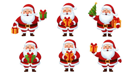 Santa Squad Cartoon Christmas Icons with Gifts & Tree Christmas design elements set, cute cartoon Santa Claus, people in carnival costumes at party, family decorating christmas tree at home