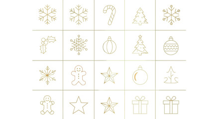 Golden Grid Minimalist Christmas Icons Layout Minimalist Christmas layout with bright white stars, ice blue snowflakes, and gold bells on a midnight blue background