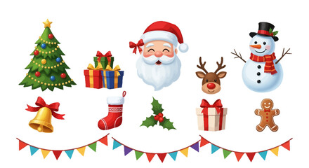 Holiday Icons Christmas Characters, Gifts & Decorations Set Colorful Christmas character set showcases joyful figures in holiday outfits, including Santa and elves