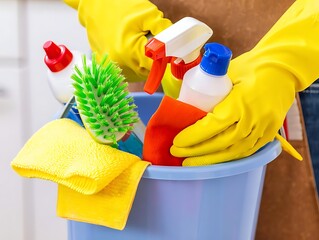 Hands wearing yellow gloves holding cleaning supplies in a blue bucket Keywords: cleaning, supplies, bucket, hands, yellow, gloves, rubber, household, chores, hygiene, sanitation, tidiness