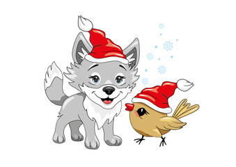 Smiling baby wolf and cute birdie in Christmas hats