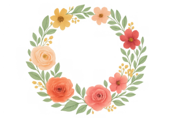 Watercolor floral wreath framing border with blooming roses, yellow, orange and pink flowers, transparent background