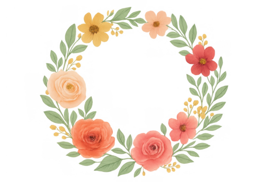 Watercolor floral wreath framing border with blooming roses, yellow, orange and pink flowers, transparent background