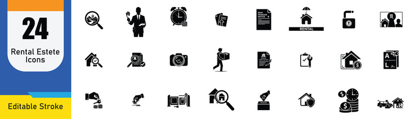 Collection of silhouette rentalstete icons House, Key, Apartment Building, For Sale Sign, Contract, Moving Truck, Blueprint, Wallet, Growth Chart, Location Pin vector illustration