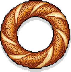 A pixelated illustration of a golden-brown, sesame-covered bagel, isolated on white.