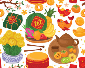 Seamless pattern with elements for Vietnamese Lunar New Year (Tet). Bright holiday elements, fruits for offerings, food, red drum, yellow flowers, carp fish, gold coins, decor.