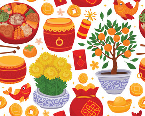 Seamless pattern with elements for Asian Lunar New Year. Bright holiday elements, traditional sweets, lucky money bag, gold coins, yellow flowers, drum, tangerine tree, festive decor.