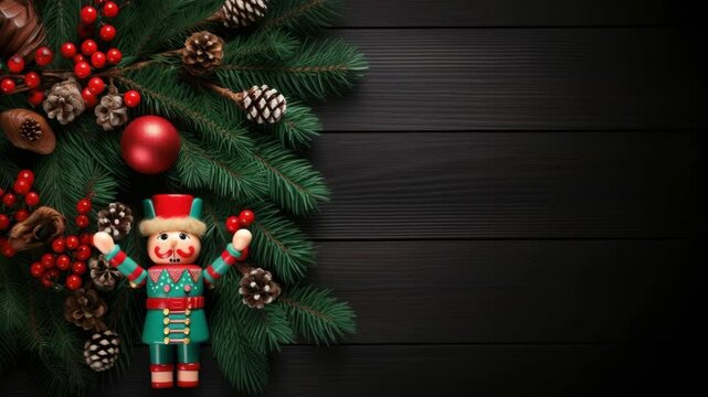 Festive top-down video concept with a nutcracker, pine branches, and ornaments on a dark wooden background, capturing a holiday theme. Live desktop wallpaper.
