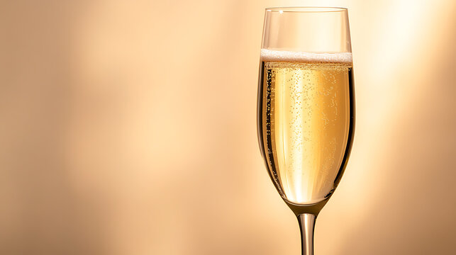 Elegant champagne flute filled with golden bubbly liquid, set against a soft, blurred backdrop, perfect for celebration & festive occasions! Enjoy the crisp delight! - Powered by Adobe