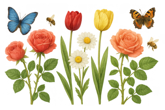 Botanical spring garden elements set with roses, tulips, daisy, butterflies, bees, and green leaves