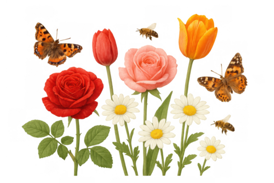 Spring garden with blooming roses, tulips, daisies, flying butterflies, and bees, all on transparent background