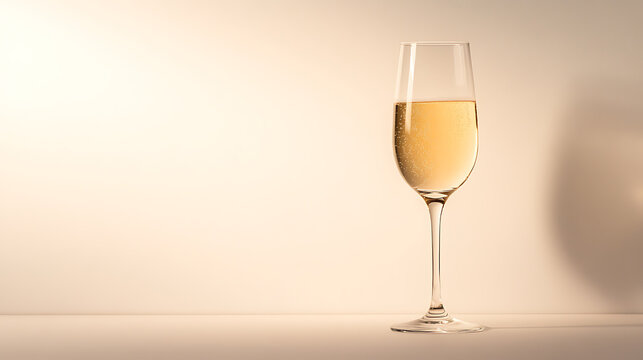 Elegant champagne flute filled with golden bubbly liquid, against a clean, neutral backdrop. Subtle bubbles rise, adding a festive, celebratory touch to the image.