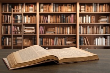 Reading book with open pages on wooden table in library