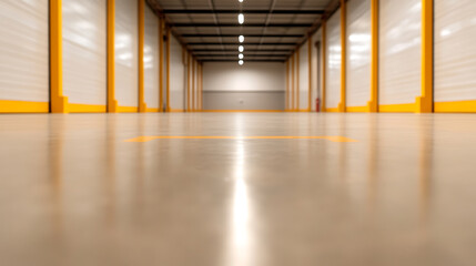 Inside a spacious warehouse with yellow support columns that stretch into the distance. The floor is clean, glossy, and reflects the overhead lights in a linear pattern.