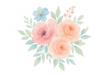 Watercolor pink and peach roses bouquet with green leaves and blue flower on transparent background