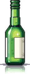 A pixelated illustration of a green soju bottle with labels.