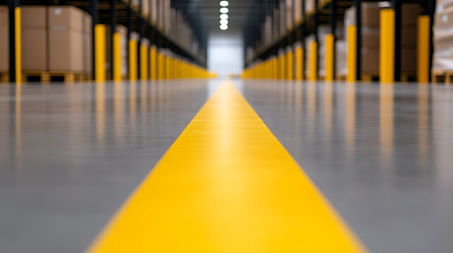 Endless aisle in a vast warehouse featuring shelves stocked with merchandise. A central, bright yellow line creates a path through the storage facility for direction and safety.