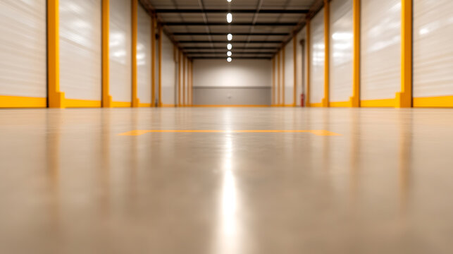 Inside a spacious warehouse with yellow support columns that stretch into the distance. The floor is clean, glossy, and reflects the overhead lights in a linear pattern.