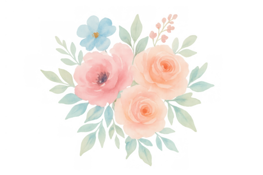 Watercolor pink and peach roses bouquet with green leaves and blue flower on transparent background