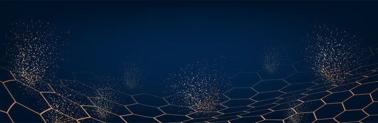 Obraz premium Music abstract background blue gold. Equalizer for music, showing sound waves with music waves. Vector illustration. hexagon mesh. Brown background 