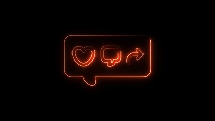 Neon social media icons heart comment share arrow glowing orange outline on black background animated abstract - Powered by Adobe