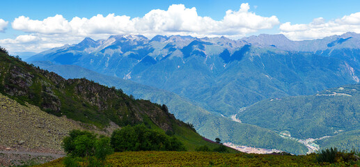 Panorama of the Caucasus Mountains in Krasnaya Polyana, Sochi in summer