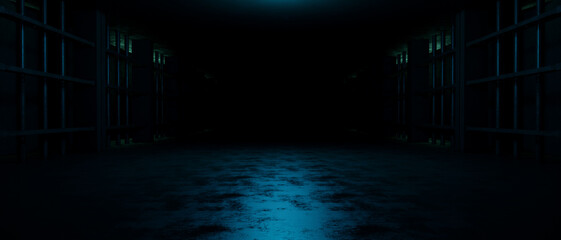 Dark Futuristic Corridor Prison Cell Block Cyan Lighting